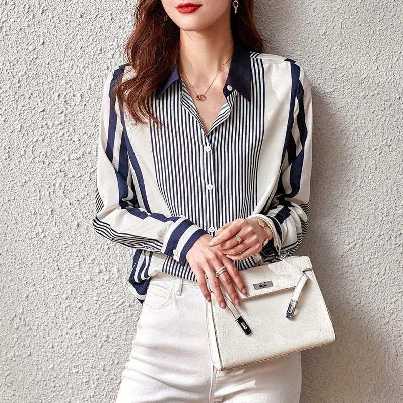 Fashion All-match Striped Shirts Women\'s Clothing 2023 Spring New Office Lady Commuter Casual Lapel Long Sleeve Button Blouse