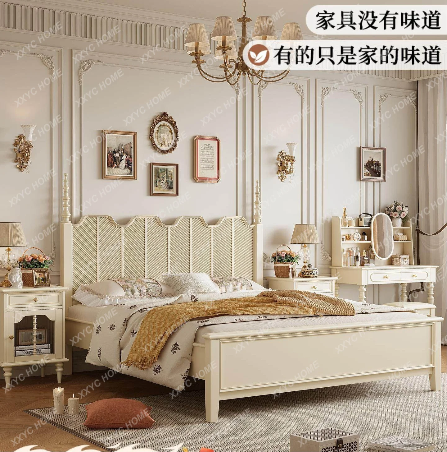

M White Full Solid Wood Bed Home Bedroom 1.8m Double Bed Cream Roman Column Bed
