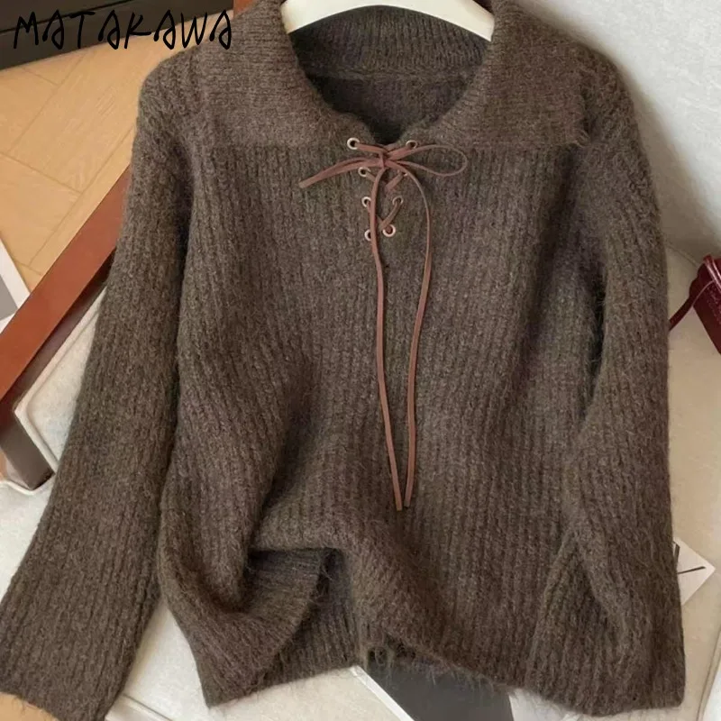 

Matakawa Woman Sweaters Solid Bandage Turn Down Collar Solid Warm Sueter Mujer Korean Fashion Thick Autumn Winter Pullovers