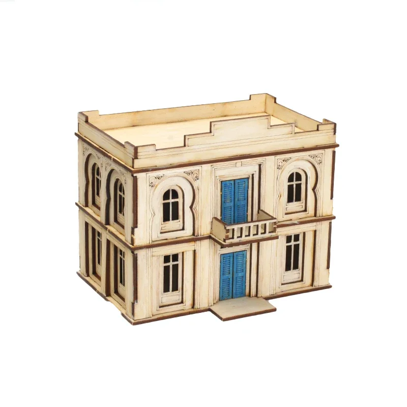 Escena de construcción de casa de dos pisos, arquitectura de ciudad de Oriente Medio, modelo de ensamblaje de madera, adorno, regalo hecho a mano, 1/72