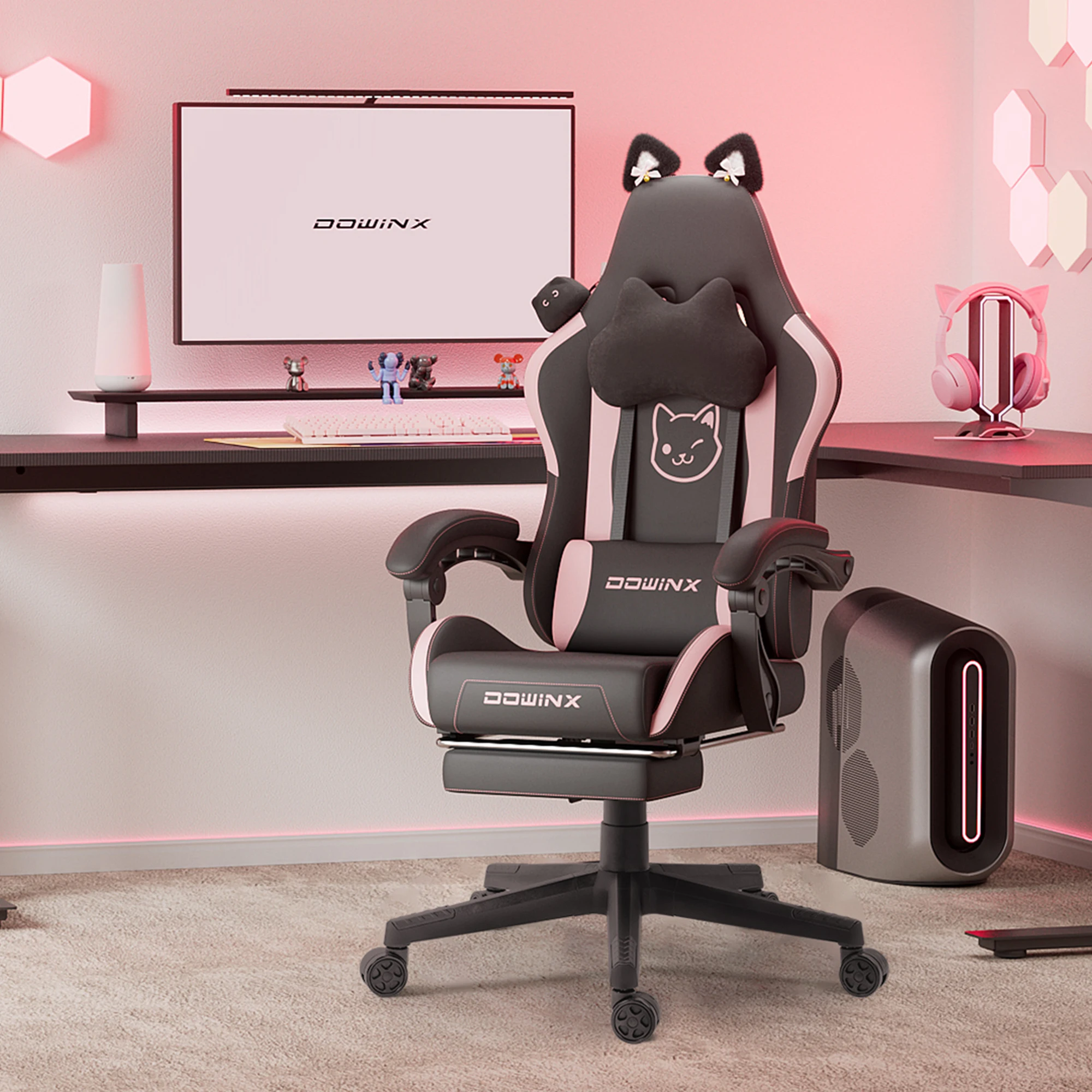 Dowinx Gaming Chair Cute with Cat Ears and Massage Lumbar Support, Ergonomic Computer Chair for Girl with Footrest and Headrest