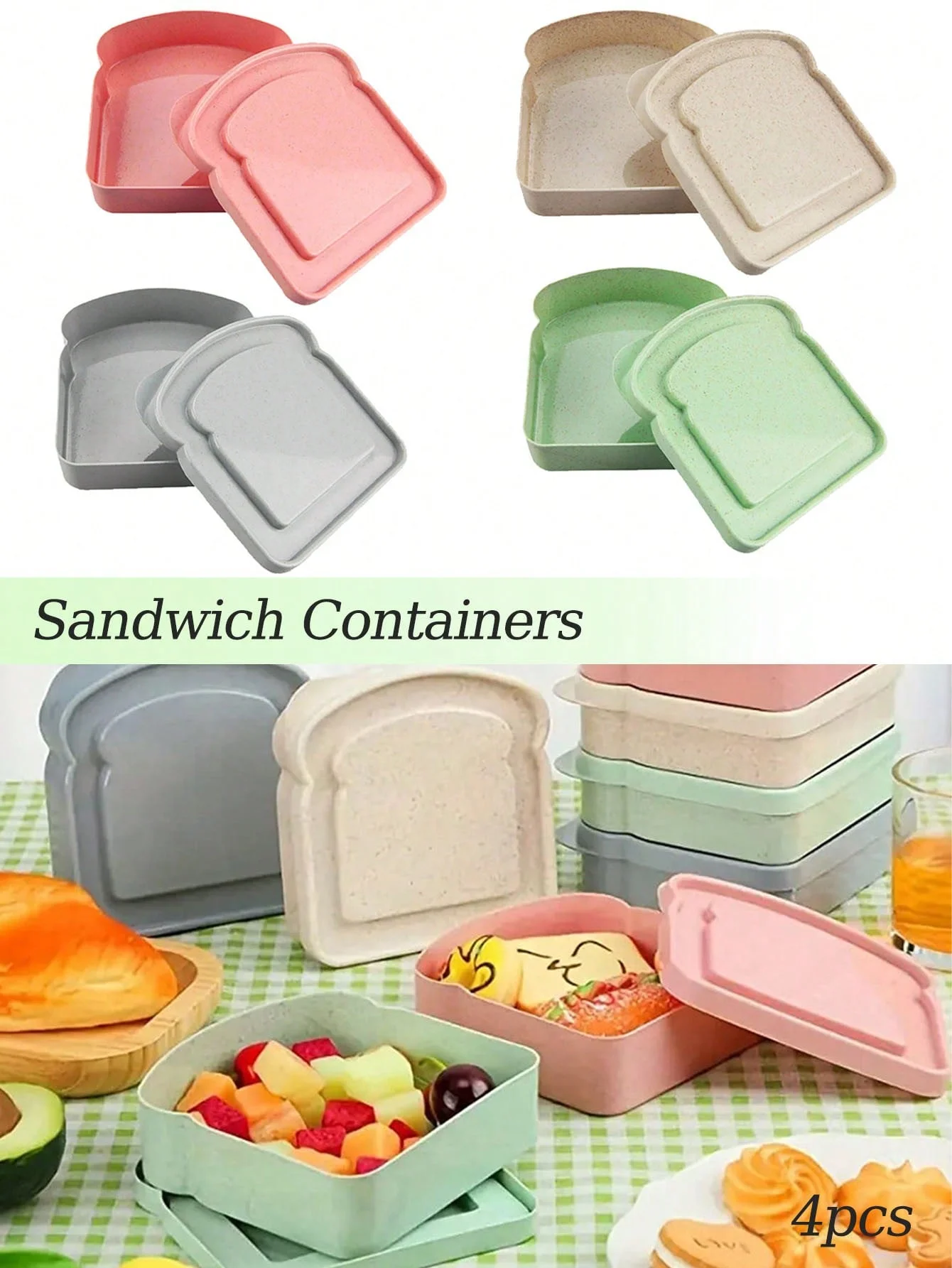 

4pcs Sandwich Containers, Toast-Shaped Sandwich Containers for Lunch Boxes, BPA Free and Reusable, for School Office Camping