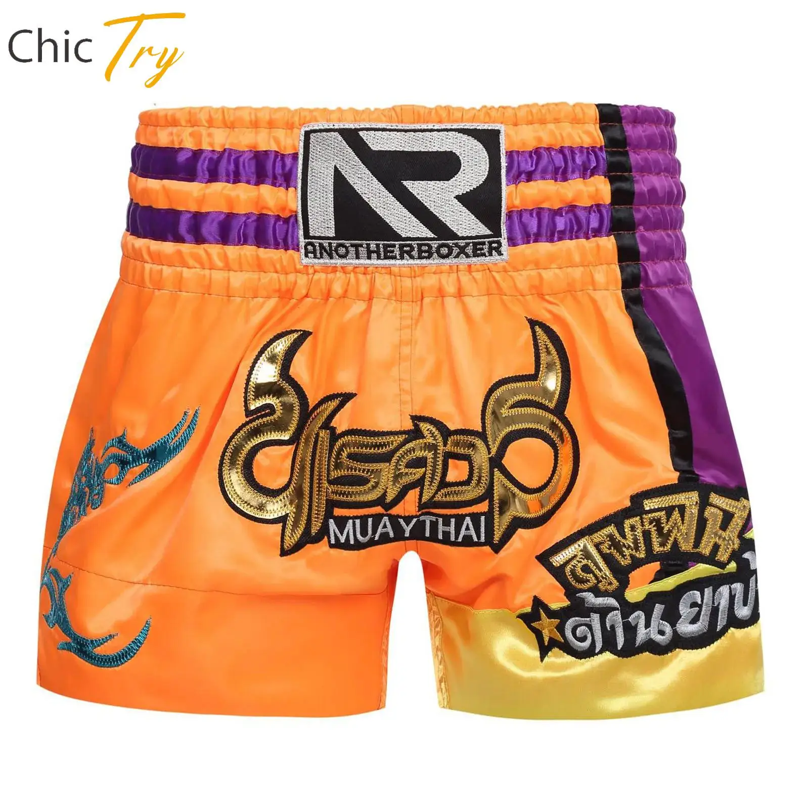 

Men Muay Thai Shorts Halloween Cosplay Costumes Embroidery Satin Fight Kickboxing Boxing Training Shorts Sides Slit Boxer Shorts