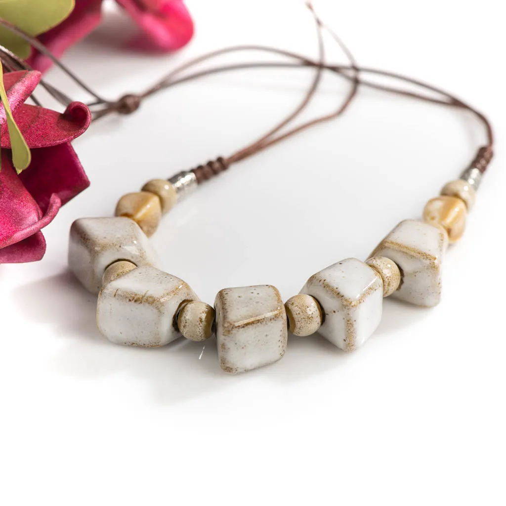 Blue Pink Cobblestone Shape Ceramic Bohemia Bead Necklace Pendant Vintage Necklaces Classic Style Jewelry #2584-1