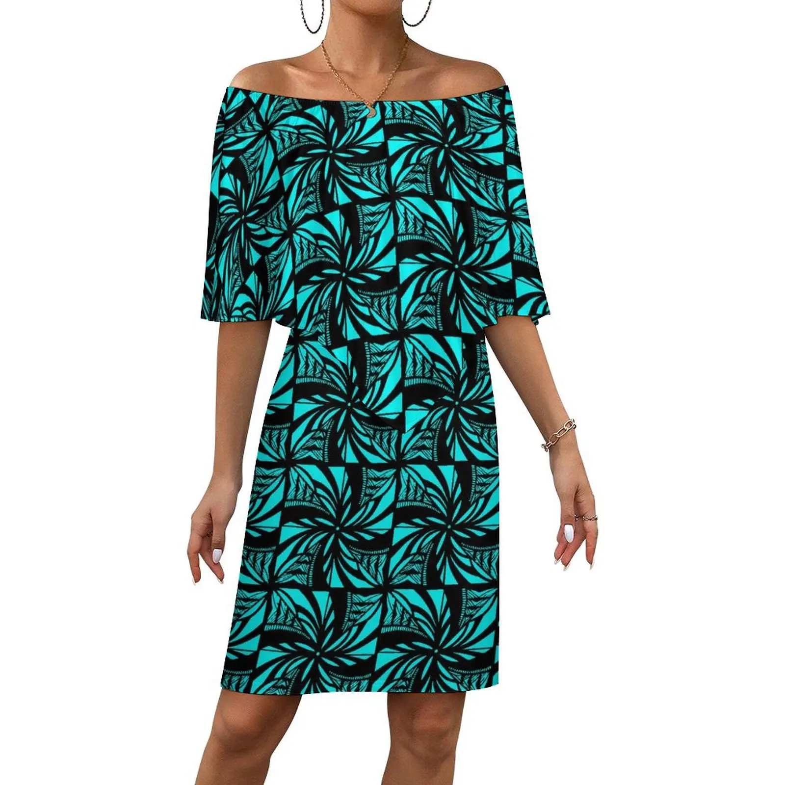 

2024 Ladies Elegant One-Shoulder Long Dress Slim Sexy Dress Polynesian Island Style Hawaiian Fashion Print