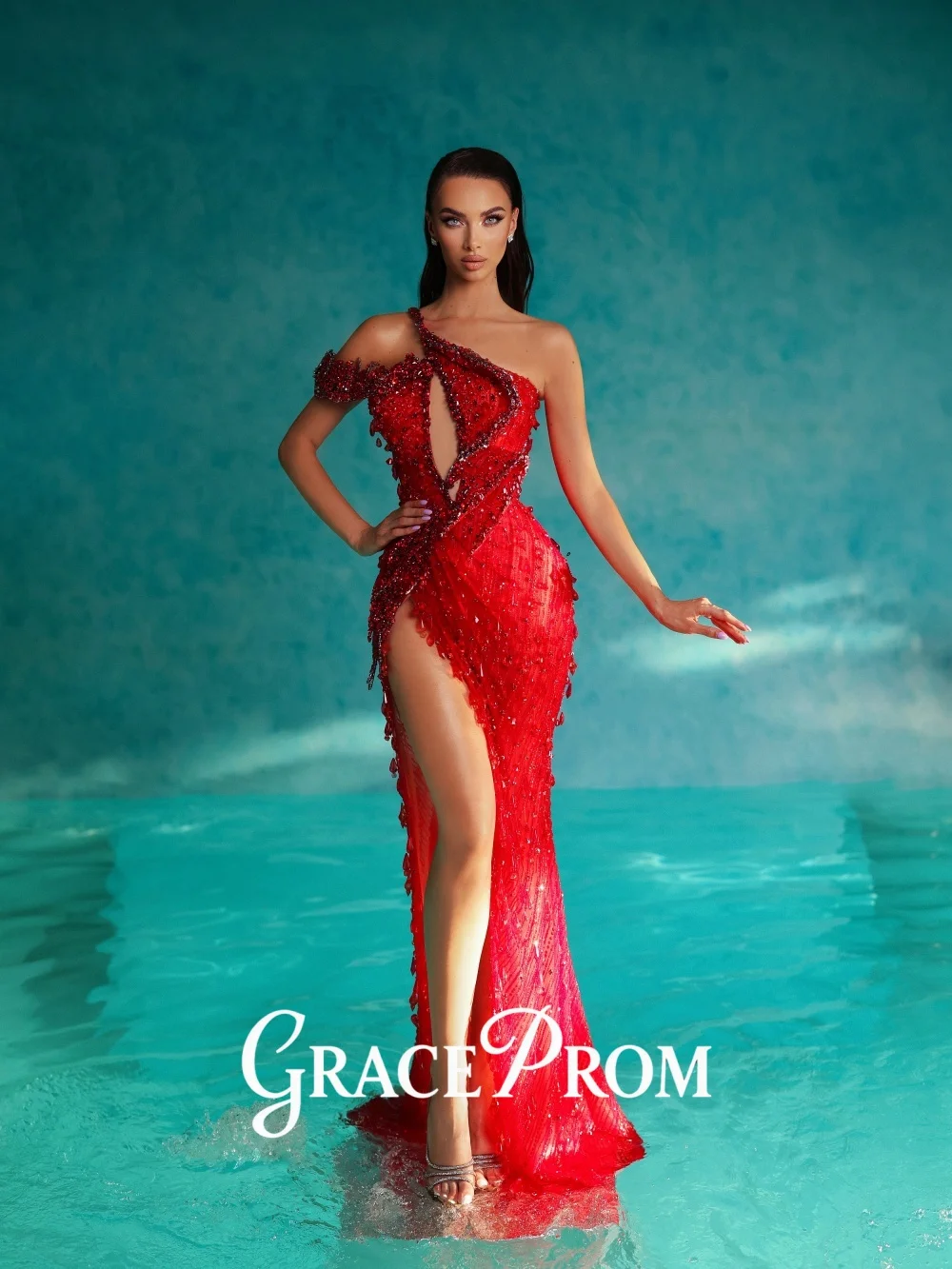 GraceProm Bold One-Shoulder Evening Dress 2026 Sequin-Embellish Carpet Gown Fashion A-Line Floor-Length Party Gown فساتين
