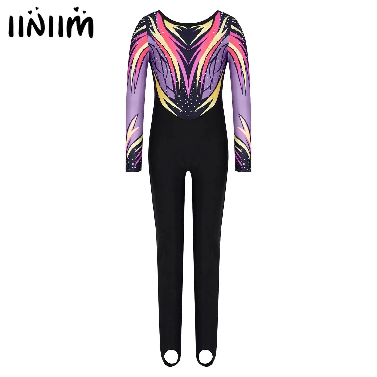 Bedruckte Gymnastikanzüge für Mädchen, Ballett-Tanzkostüm, Langarm, glänzende Strasssteine, Steigbügel-Unitards, Jumpsuit