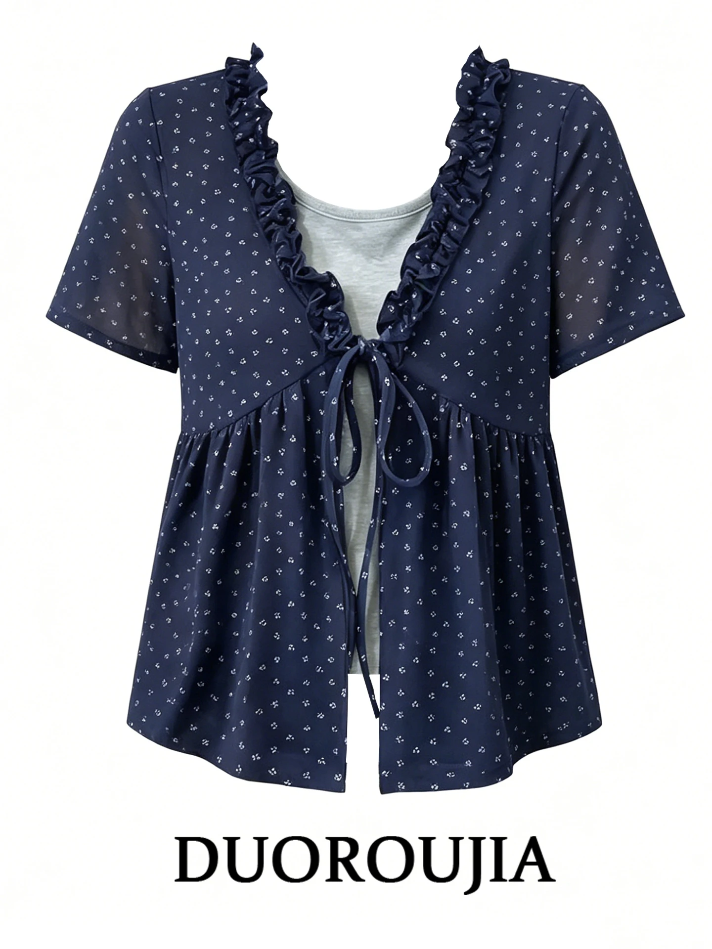 

plus Size Polka Dot V Neck Short Sleeve T Shirt Women Summer Loose Slimming Top Korean Style Printed High Waist Anti Pilling