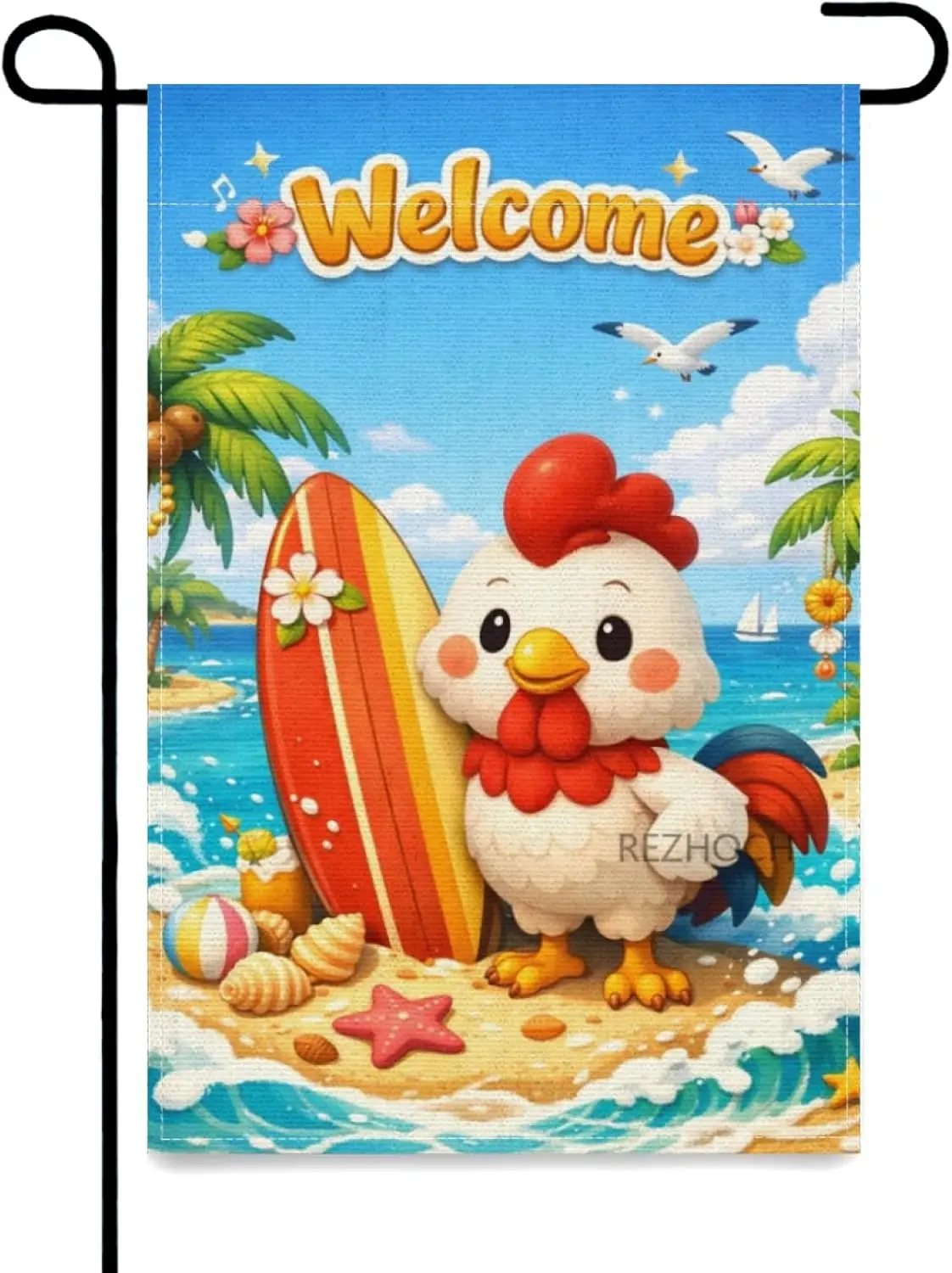 Summer Beach Funny Rooster Welcome Garden Flag 12x18Inch,Cute Animal Surfboard Ocean Waves Seashell Starfish Coastal Yard De AAS