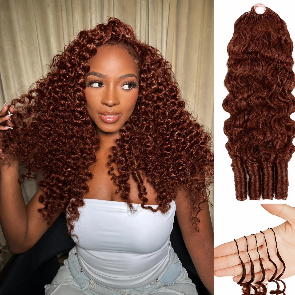 Extensions de cheveux humains bouclés sans nœuds, couleur brun rougeâtre, style miracle, pré-séparées, pour tresses bohèmes