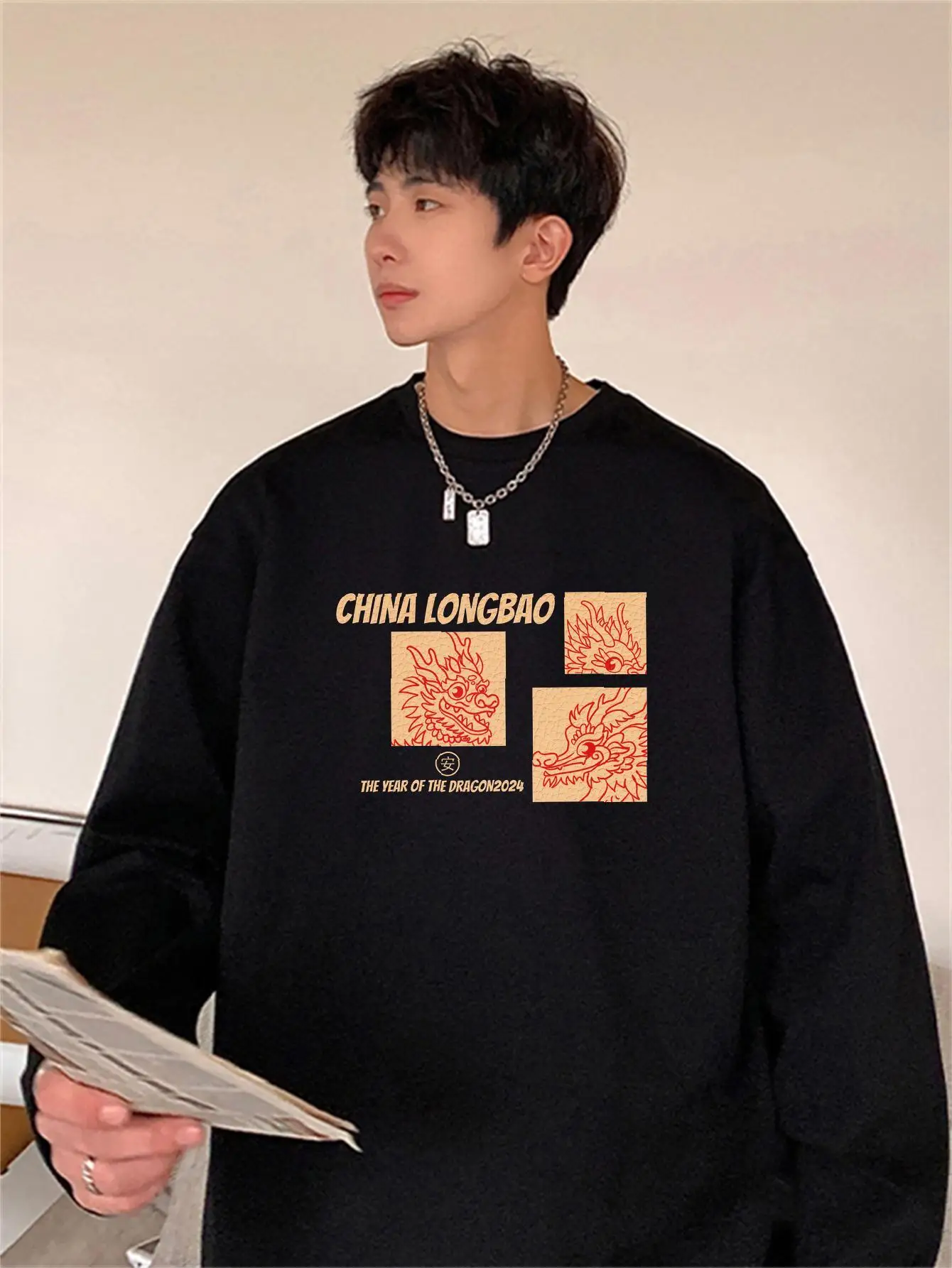 China LongBao Graphic Man T-shirts Pure Cotton High Quality Clothing Long Sleeve O-neck Male Tees Hip Hop Casual Unisex Tops