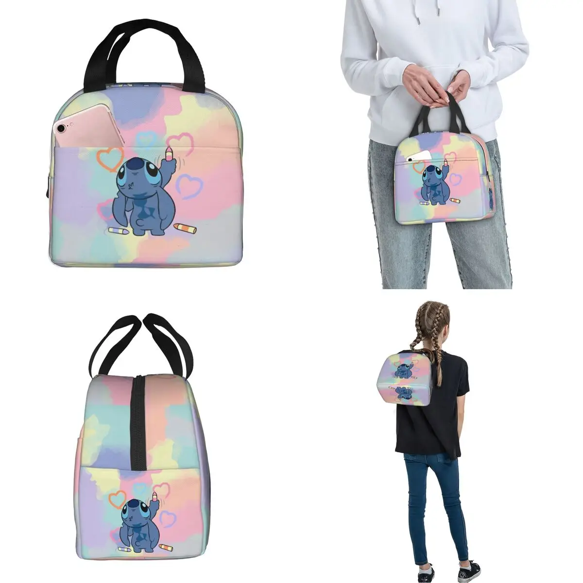 Lilo e Stitch Lunch Bag Isolado, Saco térmico reutilizável bonito, Tote portátil, Lancheira, Sacos De Armazenamento De Alimentos, Piquenique da faculdade