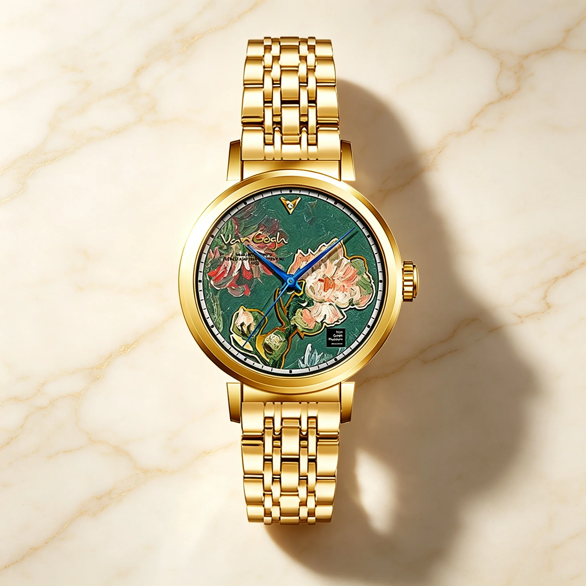 Gold Steel Strap Quartz Watch Van Gogh Oil Painting Flower Dial 36mm For Women Retro Chinese Style Accessory