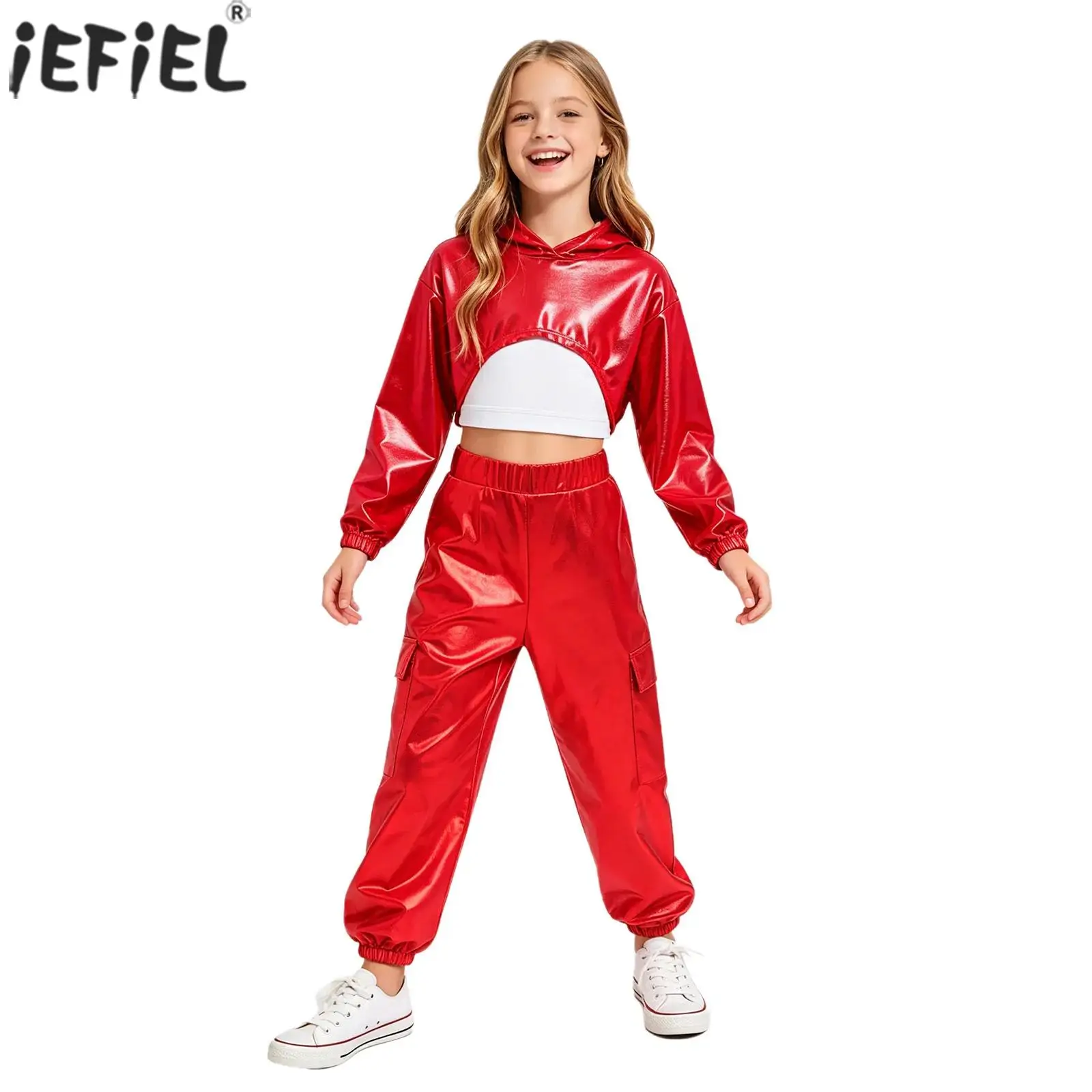 Kids Girls Hip-hop Jazz Dance Outfit Long Sleeve Metallic Cropped Hoodie Top with Vest Cargo Pants for School Show Street Dance
