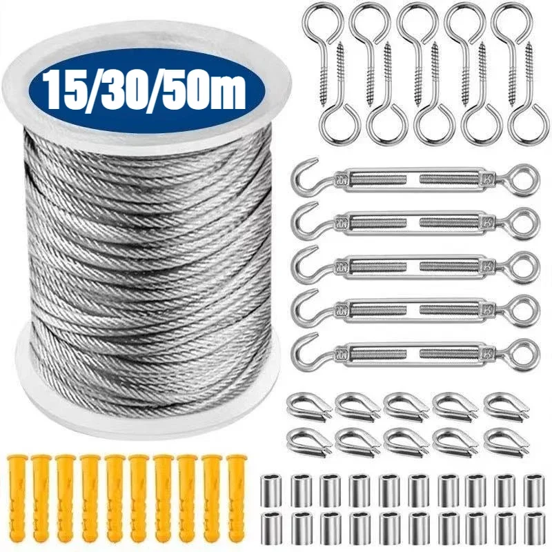 15/30/50m Stainless Steel Cable Rope Kits Heavy Duty Garden Wire Cable Balcony Railing Farm Fence Tent Roll 304 PVC Coated