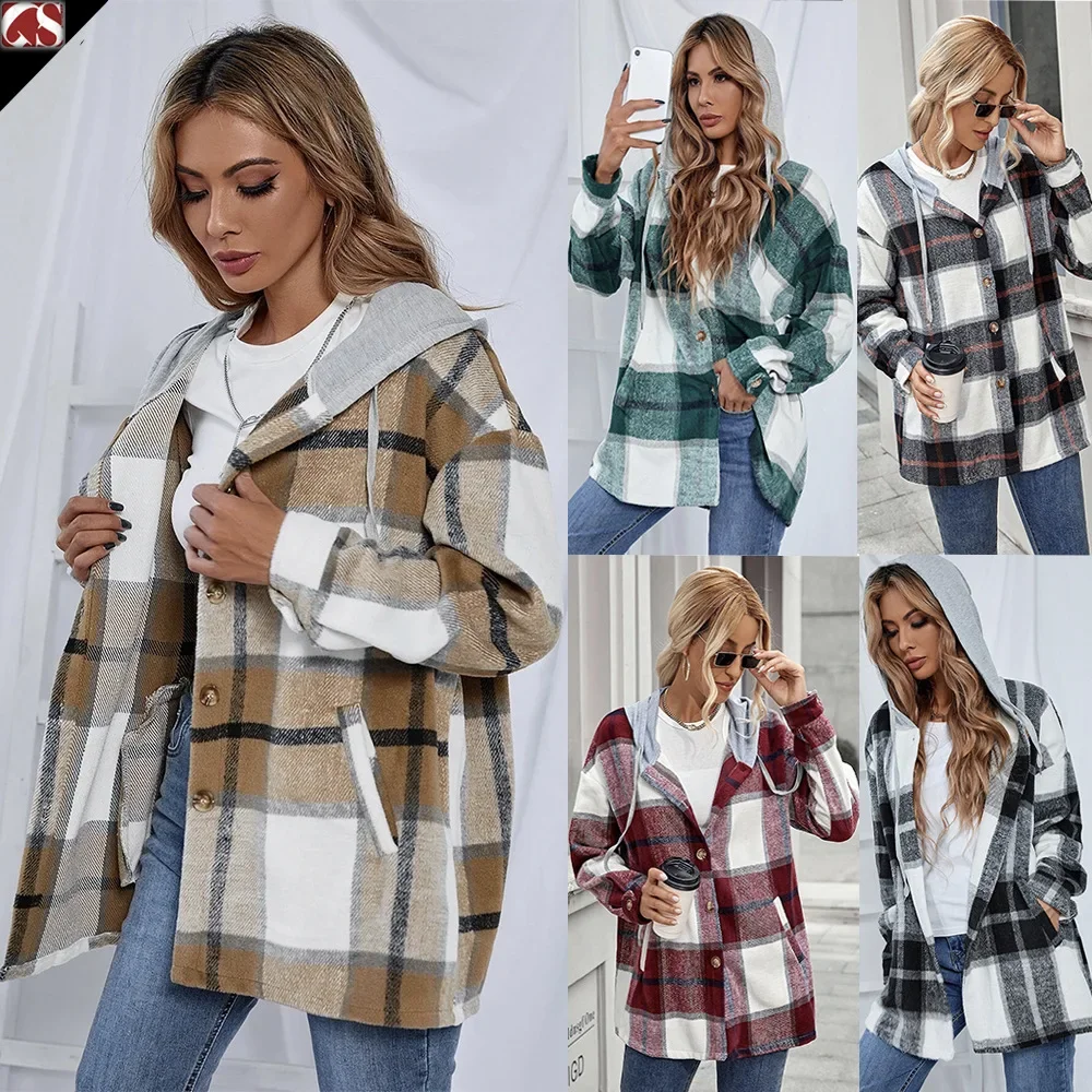 

Женское осенне-зимнее пальто, куртка в клетку, цветная куртка на пуговицах с капюшоном и длинным рукавом, теплая повседневная модная удобная обычная стандартная шнуровка