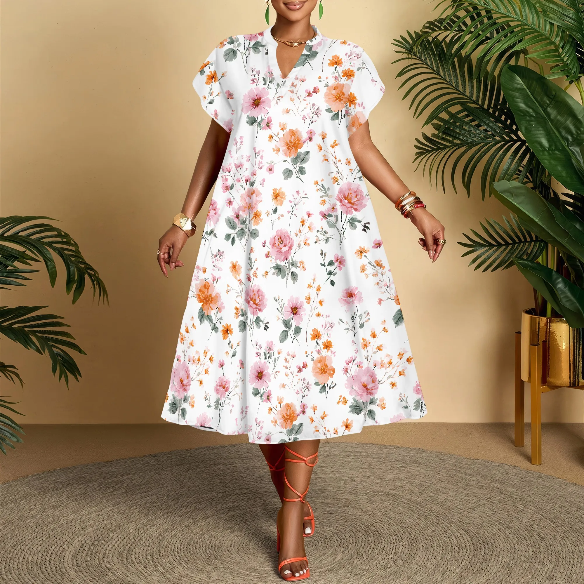 

Floral V-Neck Dress, Pink Orange Print, Short Sleeve Summer Midi Dress for Women, Casual Beach Party Wear XS-3XL