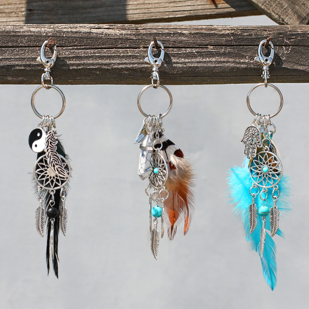 Dreamcatcher Feather Keychain Boho One Piece Crystal Stone Keychains Car Keyring Bag Charm Pendant Jewelry Gifts Ideas for Women