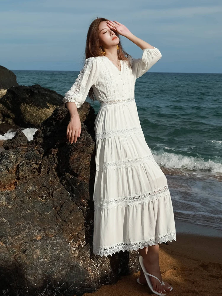 GypsyLady Elegant French Chic Tiered Dresses Summer Cotton Long Sleeve Ruffles Women White V-neck Holiday Beach Ladies Dress New