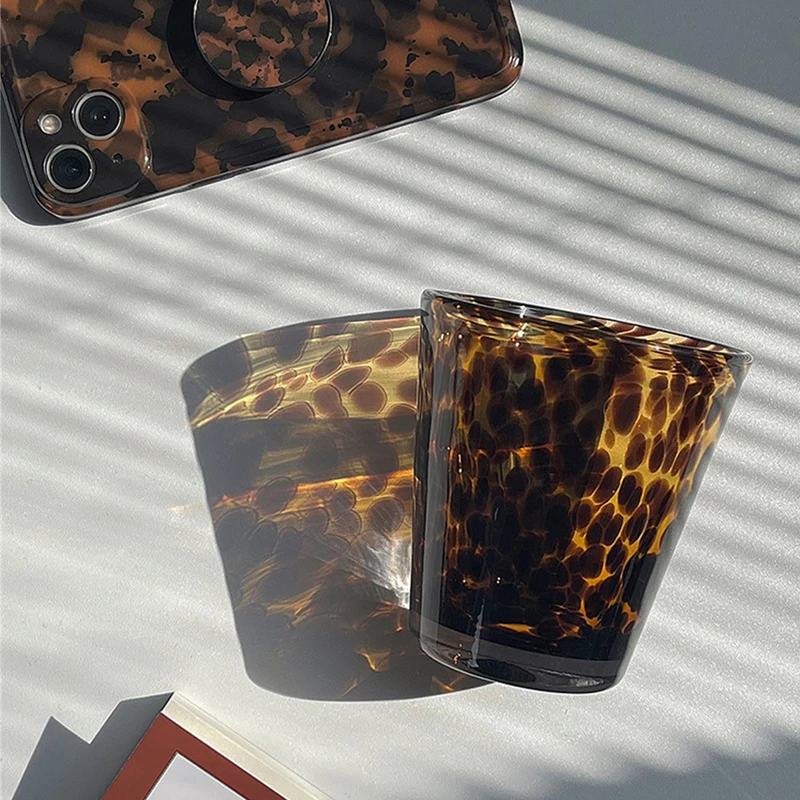 1Pc Brown Tortoiseshell Glass Cup, Vintage Style Glass Leopard Print Cup, High-End Tea Cup and Water Cup, Suitable for Living Room, Kitchen, Home Use, Daily Drinking, Parties, and as a Gift