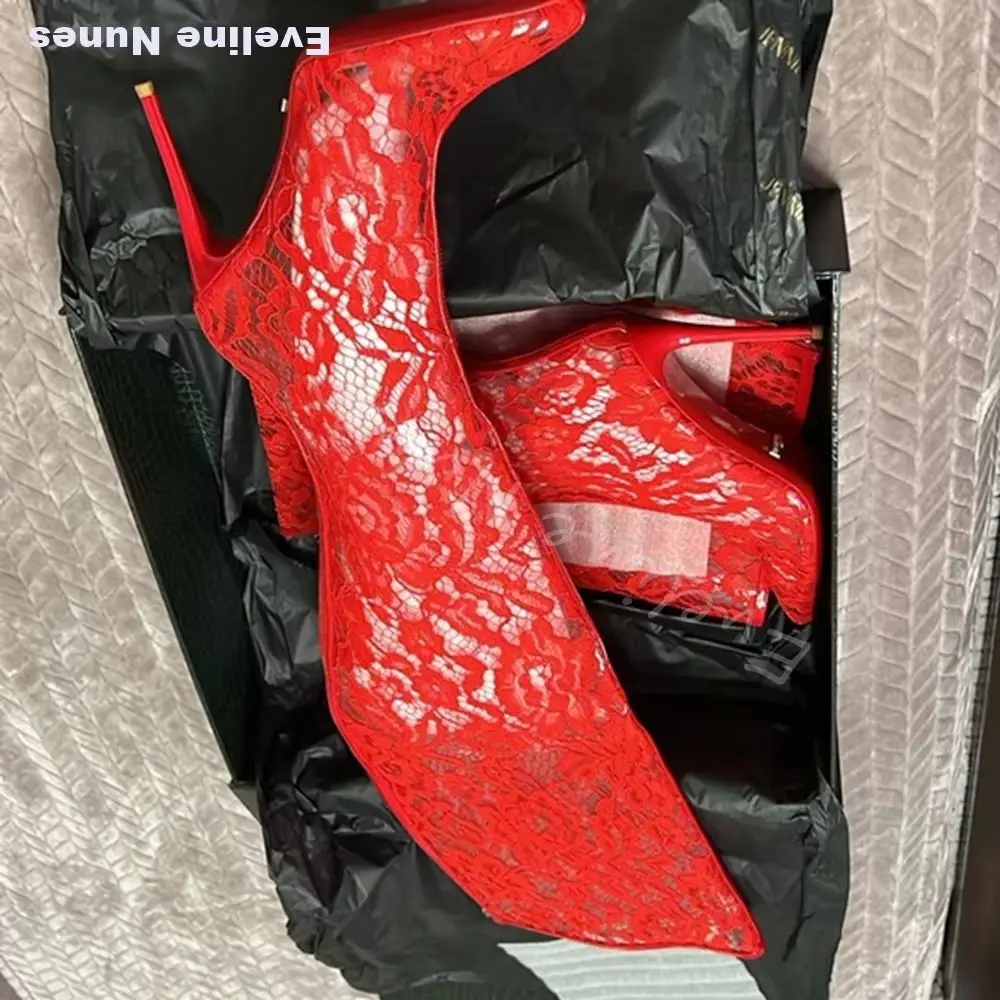 

Новые летние красные сетчатые ботильоны до колена для женщин с кружевными вставками, круглым носком, свадебные туфли, модные универсальные туфли-лодочки на шпильке