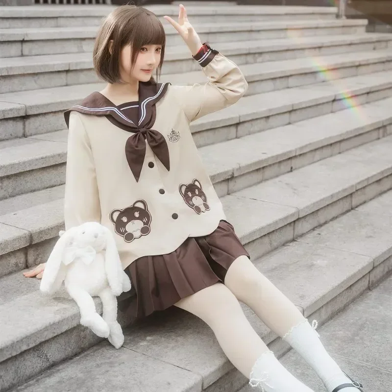 Short Cute Female Uniform Kawaii Pleated Brown Girl Summer 2023 Sleeved Bear Tie Long Student With Sailor Suit