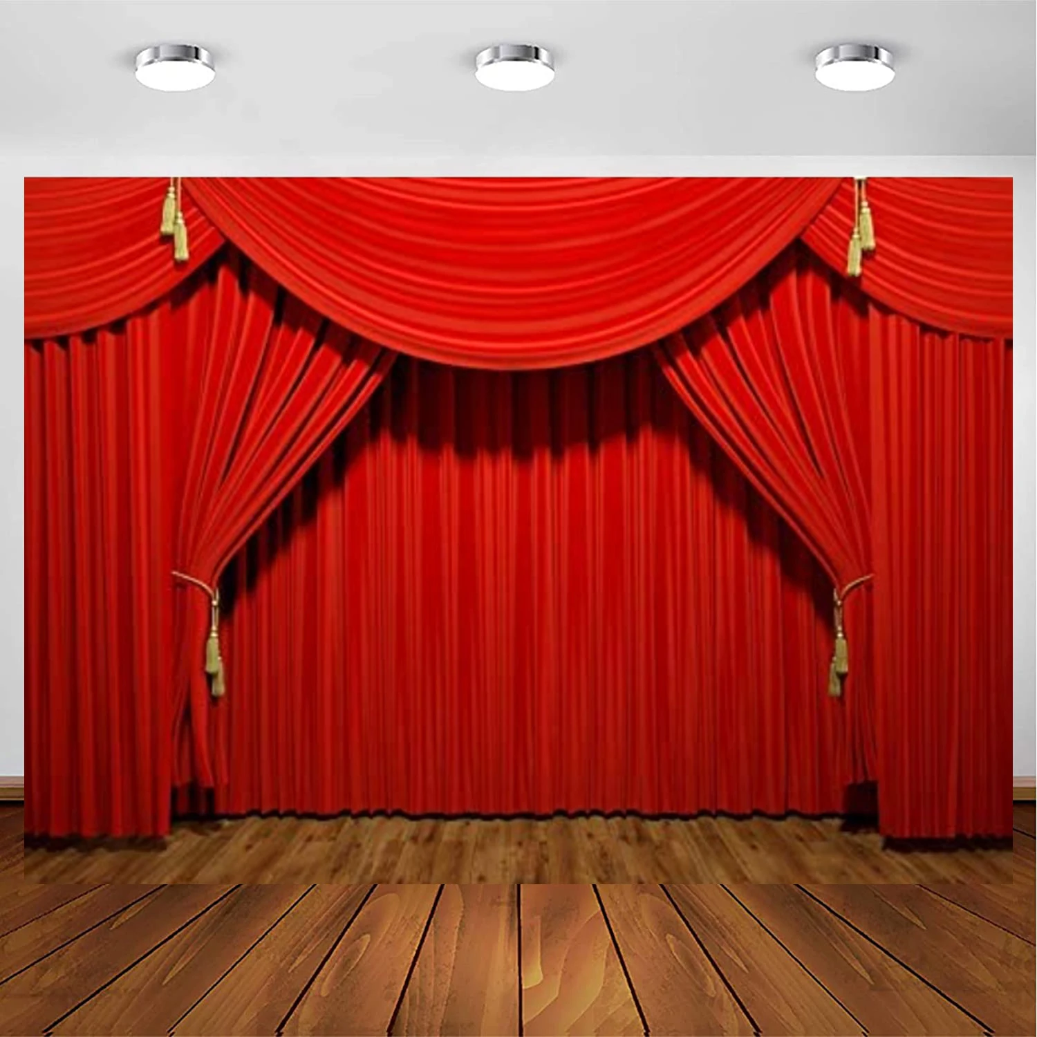Fotografie Achtergrond Interieur Theater Podiumverlichting Rode Gordijnen Houten Vloer Festival Viering Achtergrond Banner Fotostudio