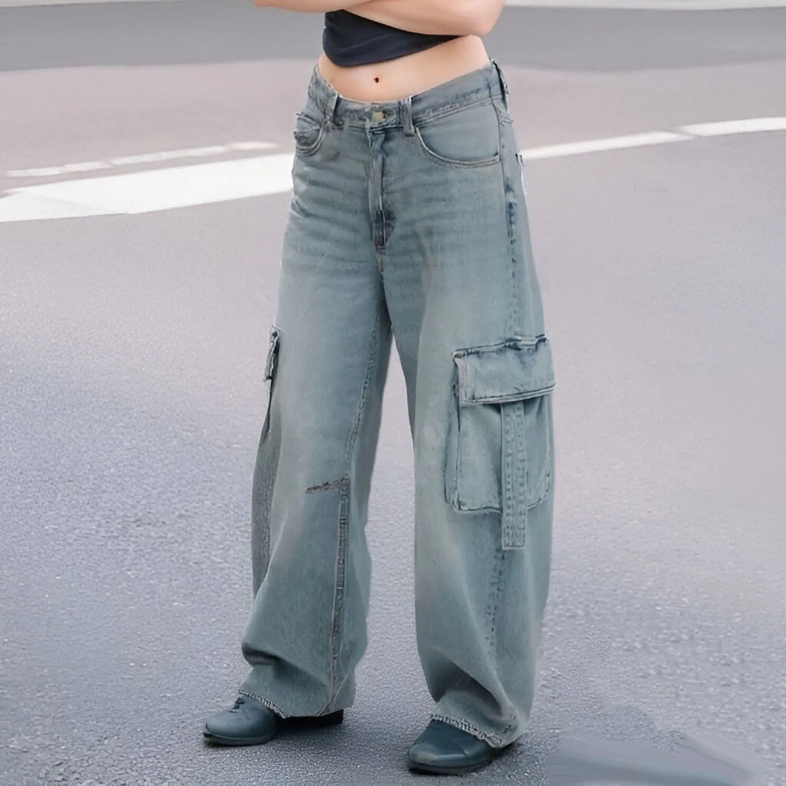 Pantalones vaqueros holgados cargo para mujer, pantalones vaqueros de talle bajo con múltiples bolsillos, pantalones largos informales para oficina al aire libre