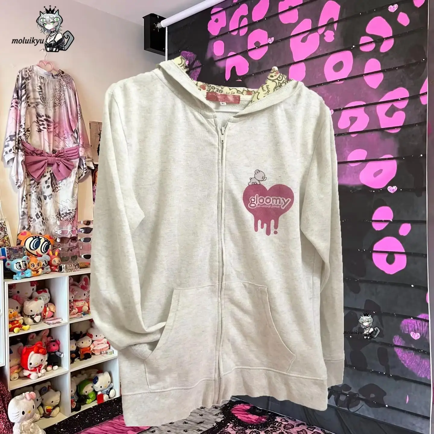 Retro Cartoon Gloomyed Bear Hoodie Women Sweet Zip Sweatshirt Long Sleeve Fleece Fleece-Lined Jacket Autumn Winter Subculture