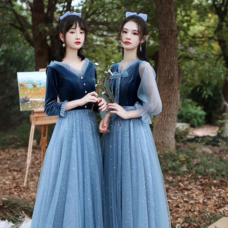 Starry Blue Velvet Spliced Bridesmaid Dress 2023 New Autumn Winter V-Neck Three Quarter Sleeve Vestido A-Line Shiny Tulle Dress