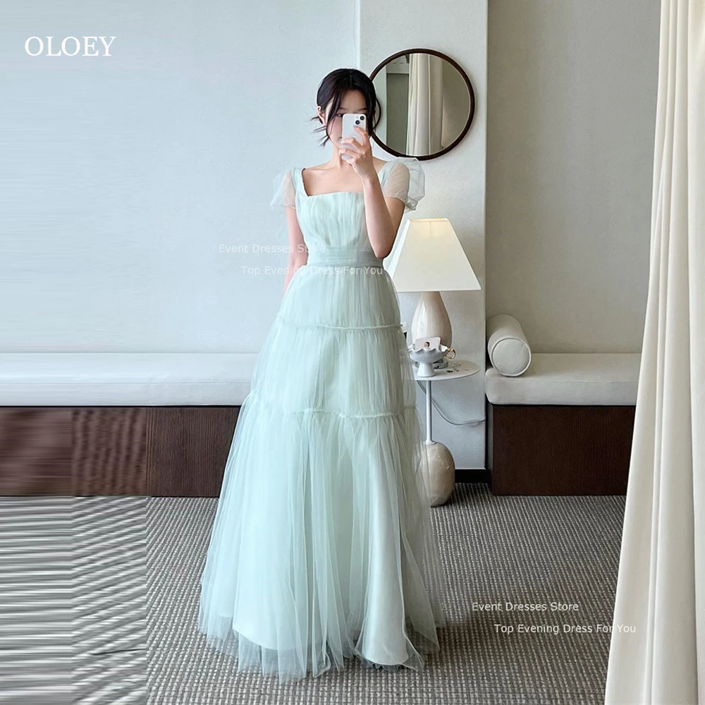 OLOEY Fairy Tulle A-Line Korean Wedding Dresses Photo shoot Puff Short Sleeves Prom Dresses Floor Length Bridal Party Dresses