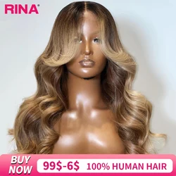 Peluca Frontal de encaje ombrer para mujer, cabello humano de color rubio ceniza, raíces oscuras, onda corporal de encaje transparente, cierre 5x5, 13x6