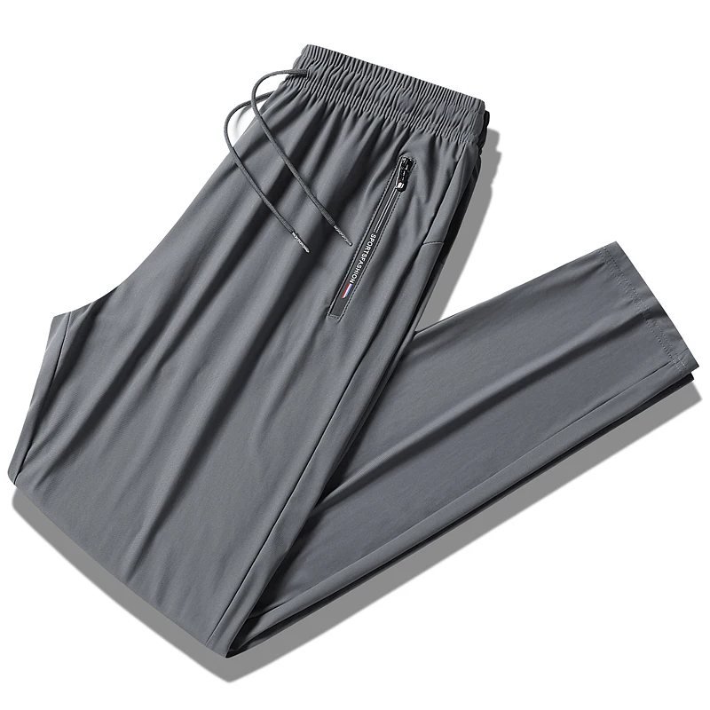 Pantalones de seda de hielo para hombre, pantalón informal de pierna recta, transpirable, secado rápido, con cordón, color negro, novedad de 2024