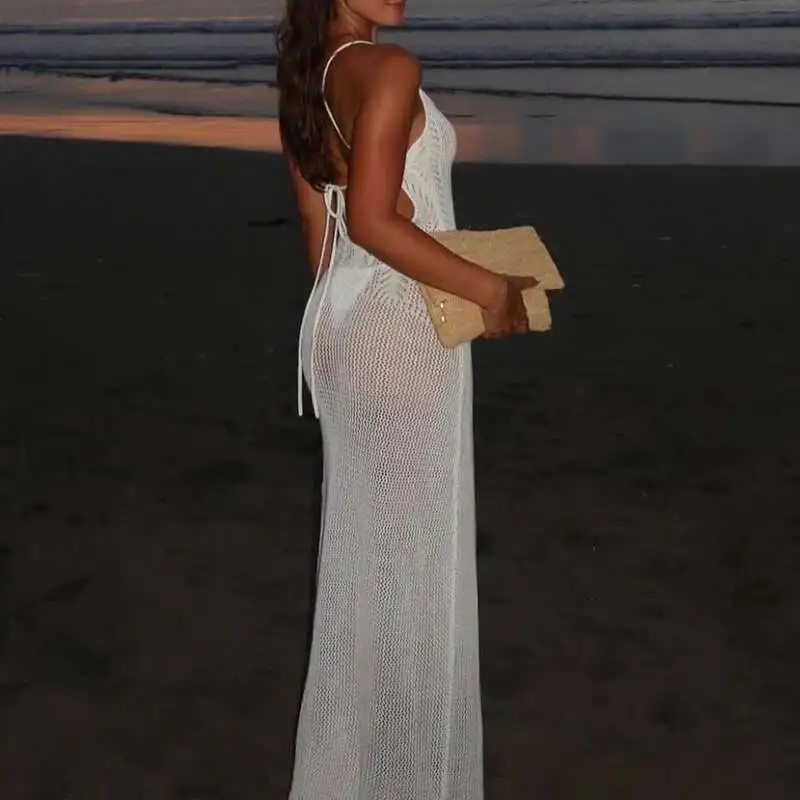 Jacquard scava fuori scollo a U spiaggia bikini sexy lavorato a maglia bretella aderente lungo da donna elegante abito con fasciatura incrociata