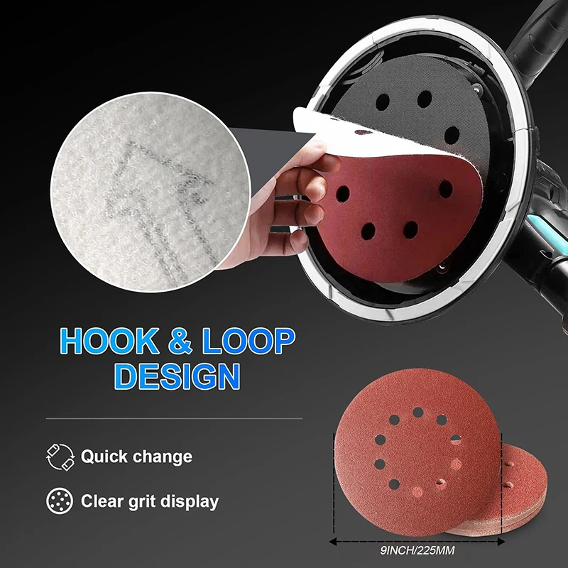 20 szt. 9-calowych (225 mm) papierów ściernych na rzep z 10 otworami do szlifierki ściennej, do metalu i drewna, tarcza szlifierska, ściernica polerska, gradacja 40-2000, tarcza szlifierska