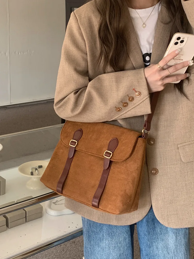 TRSYPHXM 2025 new Bag for women 2025 new Korean version niche design suede retro matte shoulder crossbody bag postman bag trend