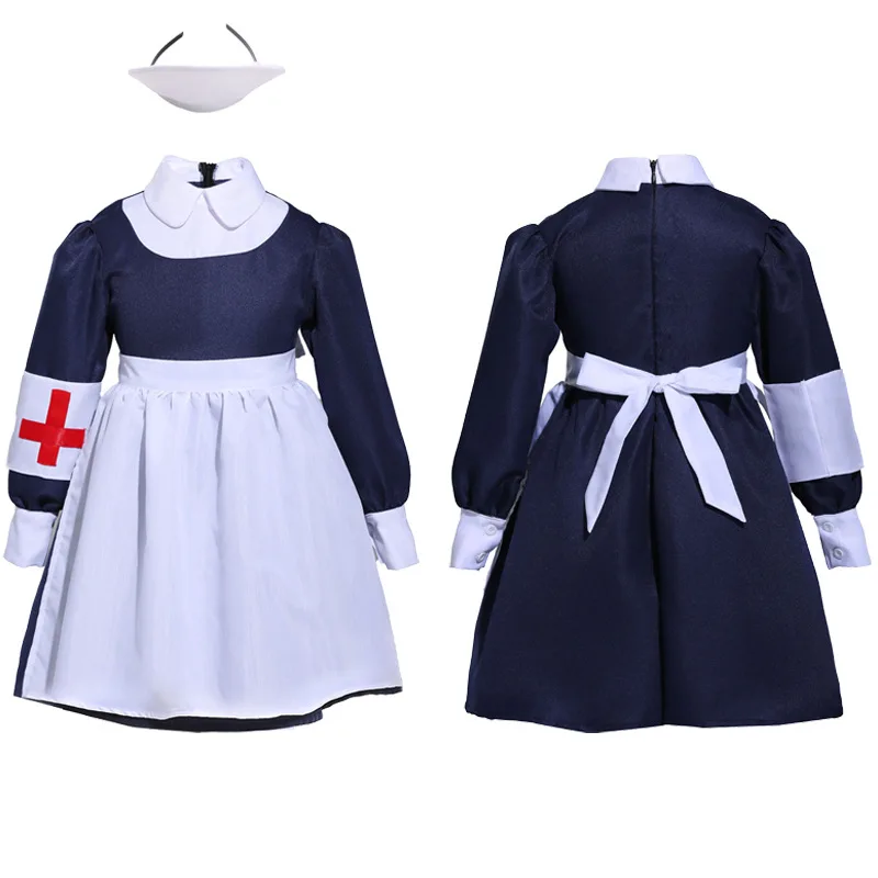 Nurse Cosplay Costume for Children Apron Maid Nurse Uniform Girl Carnival Party Performance Costume Set Cute Halloween Dress