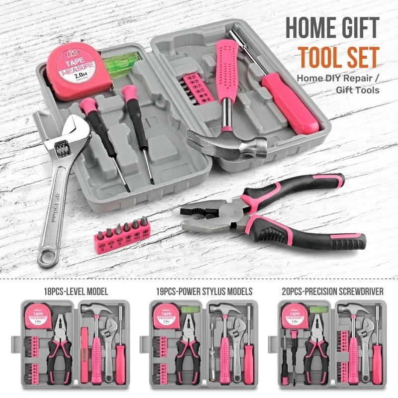 For Women & Car Care 18/19/20PCs Pink DIY Tool Kit with Electric Pen & CR-V Steel - Home Maintenance Hand Tools Set