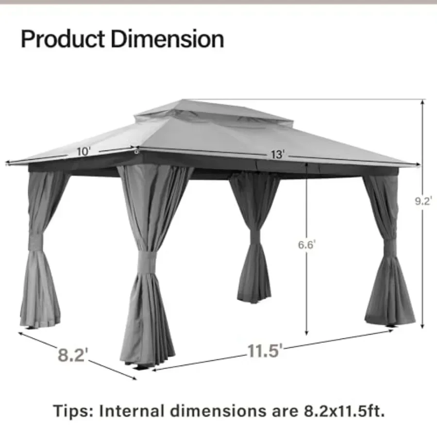 Gazebo 10x13ft Heavy Duty Patio Gazebo with Expansion Bolts Party  Tent with Double Roofs Mosquito Nettings and Privacy Sns for