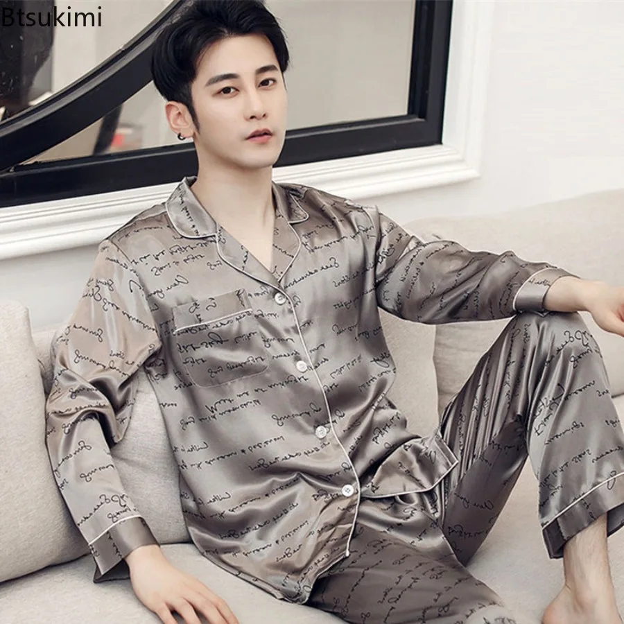 2026 Spring and Autumn Men's Pajamas Long Sleeve Satin Ice Silk Pyjamas Thin Sleepwear Mens Pajama Set Printed Home Soft Cozy