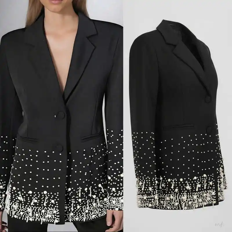 Traje de mujer a la moda, chaqueta adornada de 1 pieza con solapa con muescas, cuentas de perlas, fiesta de noche, graduación, ocasión especial personalizada