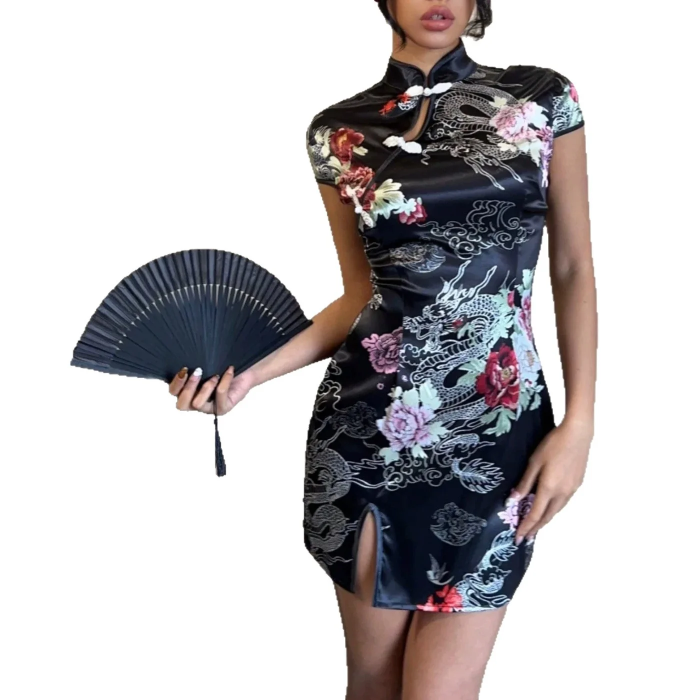 Vintage Drachen-Pfingstrosen-Print Satin Cheongsam Mini Qipao Kleid Kurzarm Bodycon mit Seitenschlitz für Damen Neujahrs-Clubwear – Detail 6