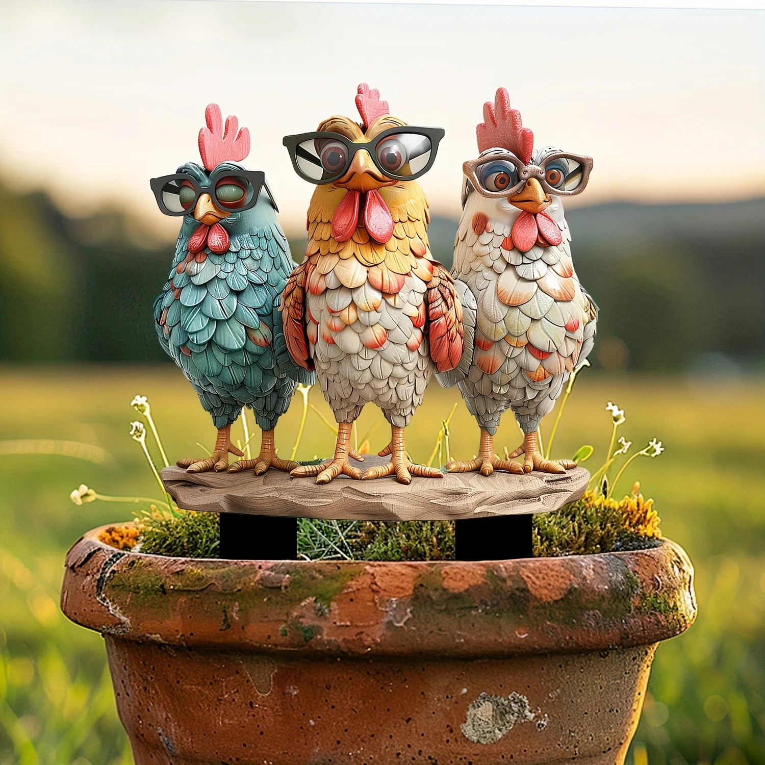 

Three Roosters with Glasses Art Animal Garden Pile Waterproof Garden Potting Plant Placement