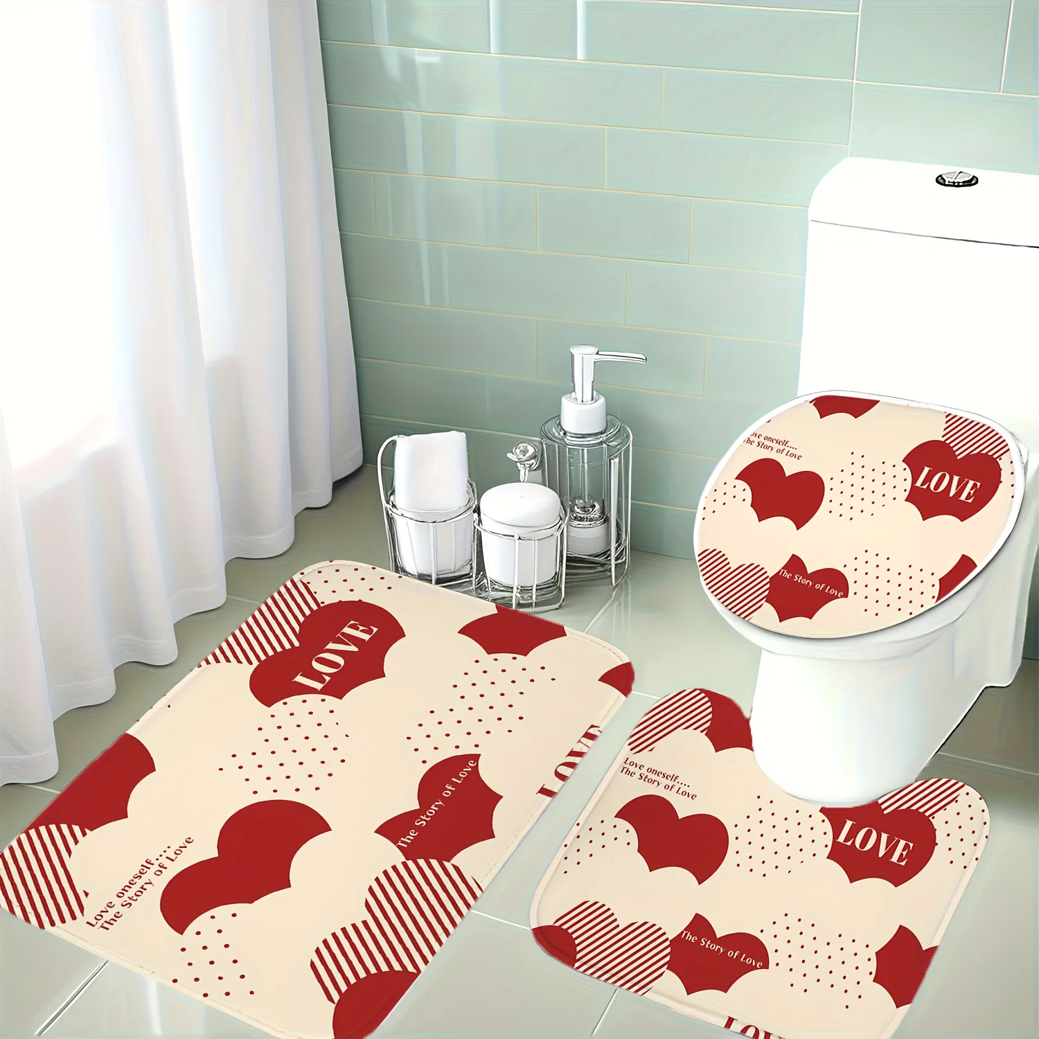 

Нескользящий набор для ванной комнаты на Рождество и День святого Валентина с узорами в виде сердечек (полосатый, в горошек, надпись) — мягкая крышка для унитаза