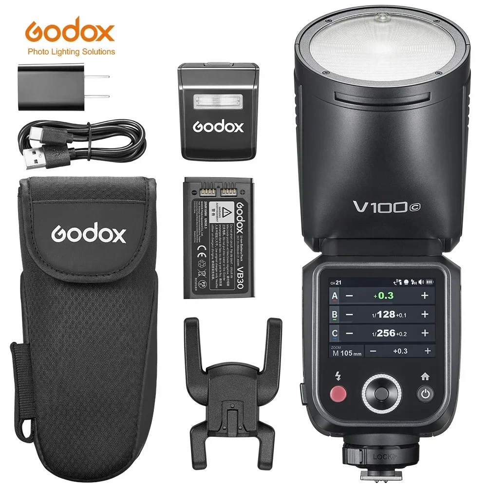 فلاش كاميرا Godox V100 مستدير الرأس جديد ناقل الحركة اللاسلكي Speedlite Flash لكاميرات Canon Nikon Sony Fuji Olympus