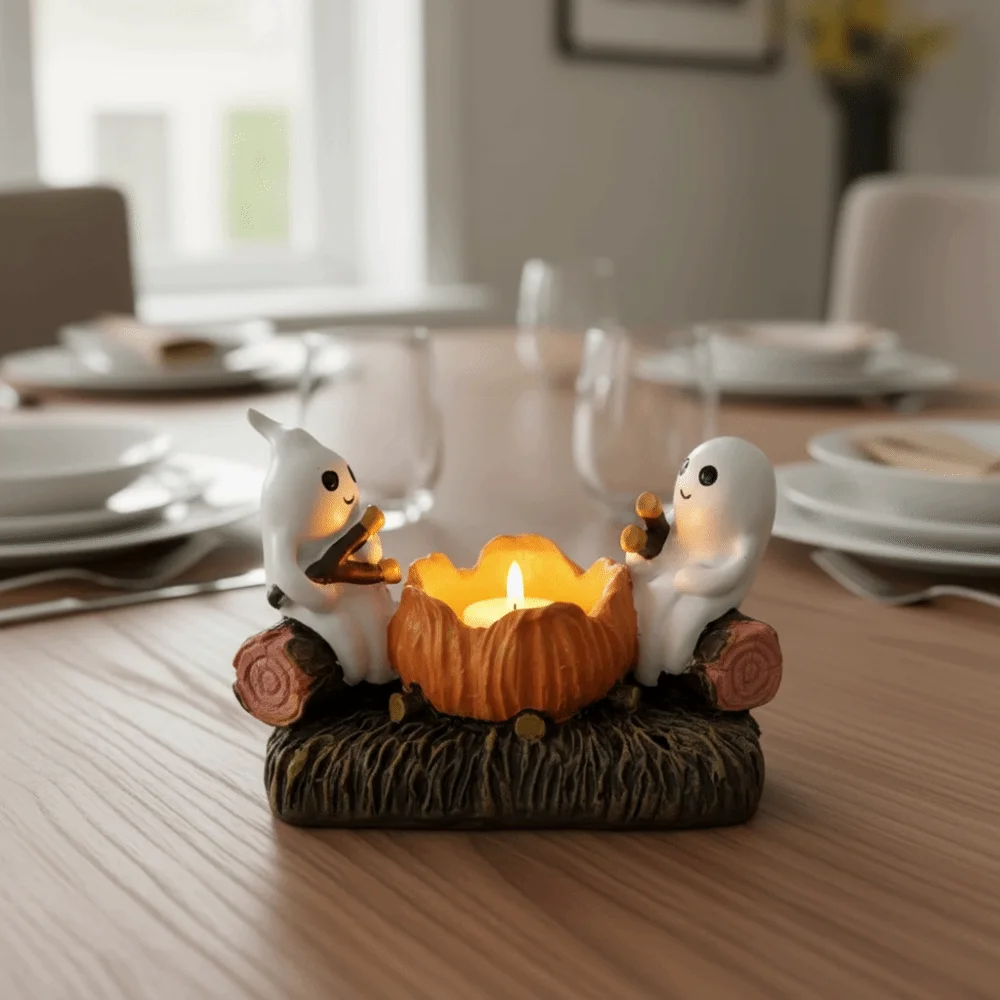 Cartoon Ghost Campfire Flickering Candle Holder Removable Firewood Pile Resin Halloween Desk Ghost Torch Figurine Decorative
