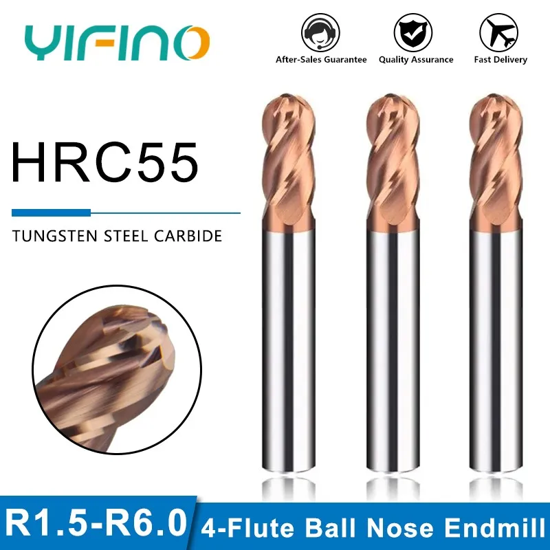 YIFINO HRC55 4-Flute Ball Nose Milling Cutter Tungsten Steel Carbide Coating End Mill For CNC Mechanical Center Endmill Tools