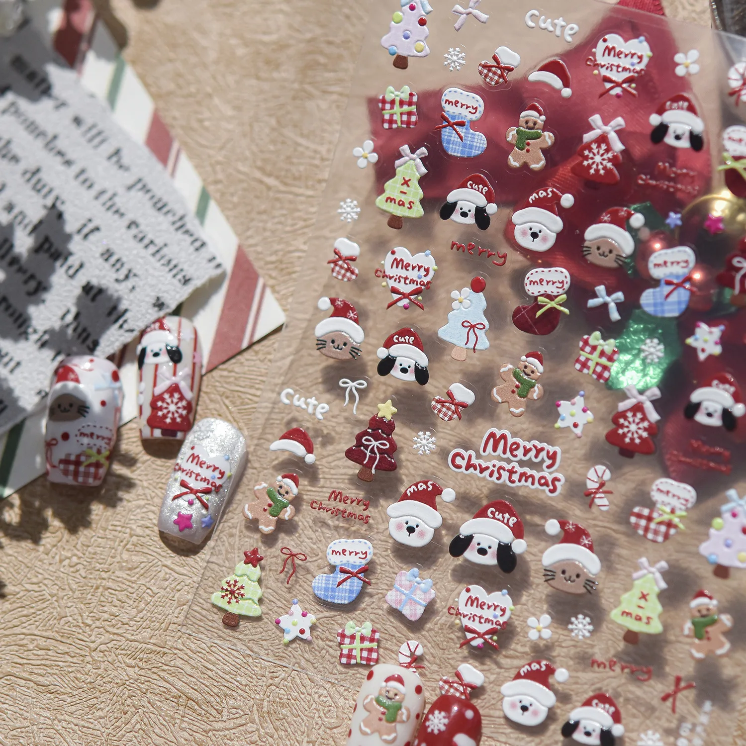 Christmas Nail Sticker Cute Santa Claus Gingerbread Man Gift Box Snowflake Cat Dog Nails Accessories Self Adhesive Nail Stickers