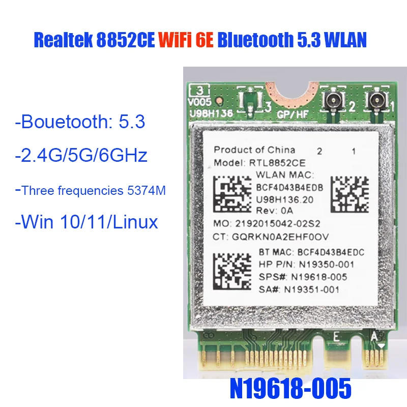 N19618-005 WiFi 6E RTL8852CE M.2 Network Card BT5.3 5400Mbp TriBand 2.4G/5G/6Ghz Wireless Adapter for Laptop Win10/11 N19350-001