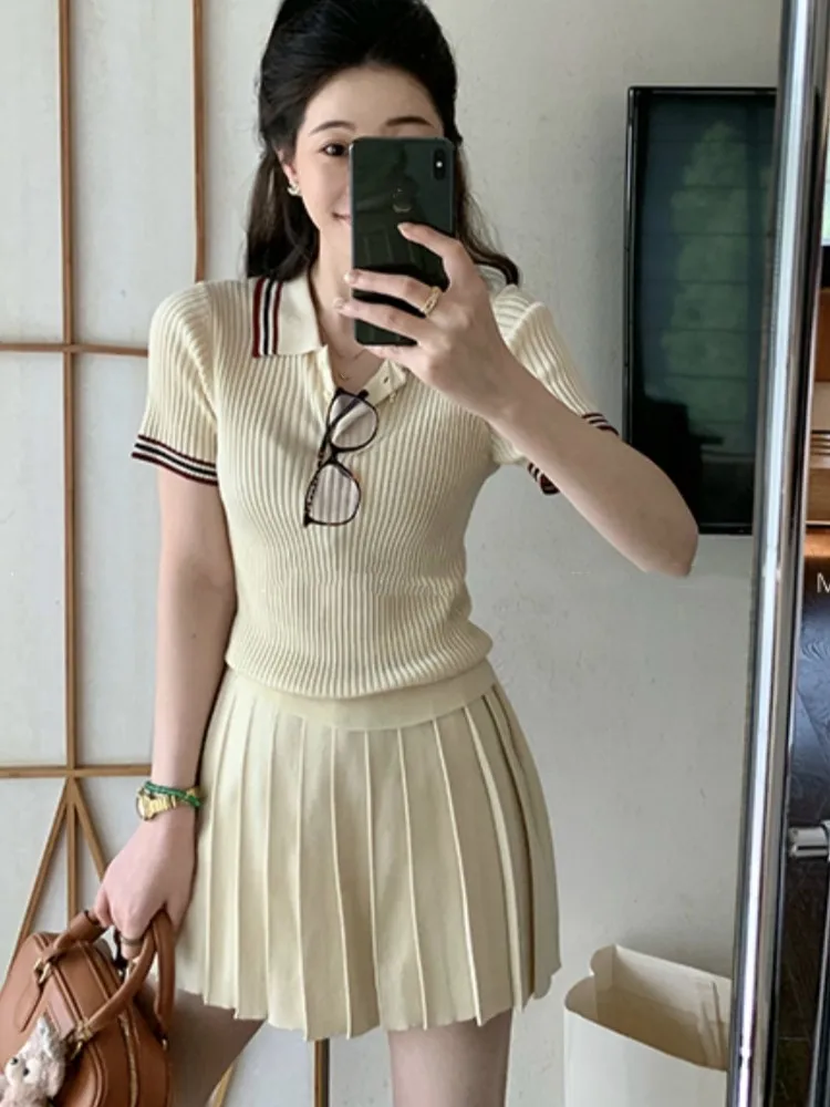 Autumn Knitted Two-piece Skirt Set Women Turn-down Collar Short Sleeve Top Pleated Mini Skirt Korean Fashion Knitting Outfits